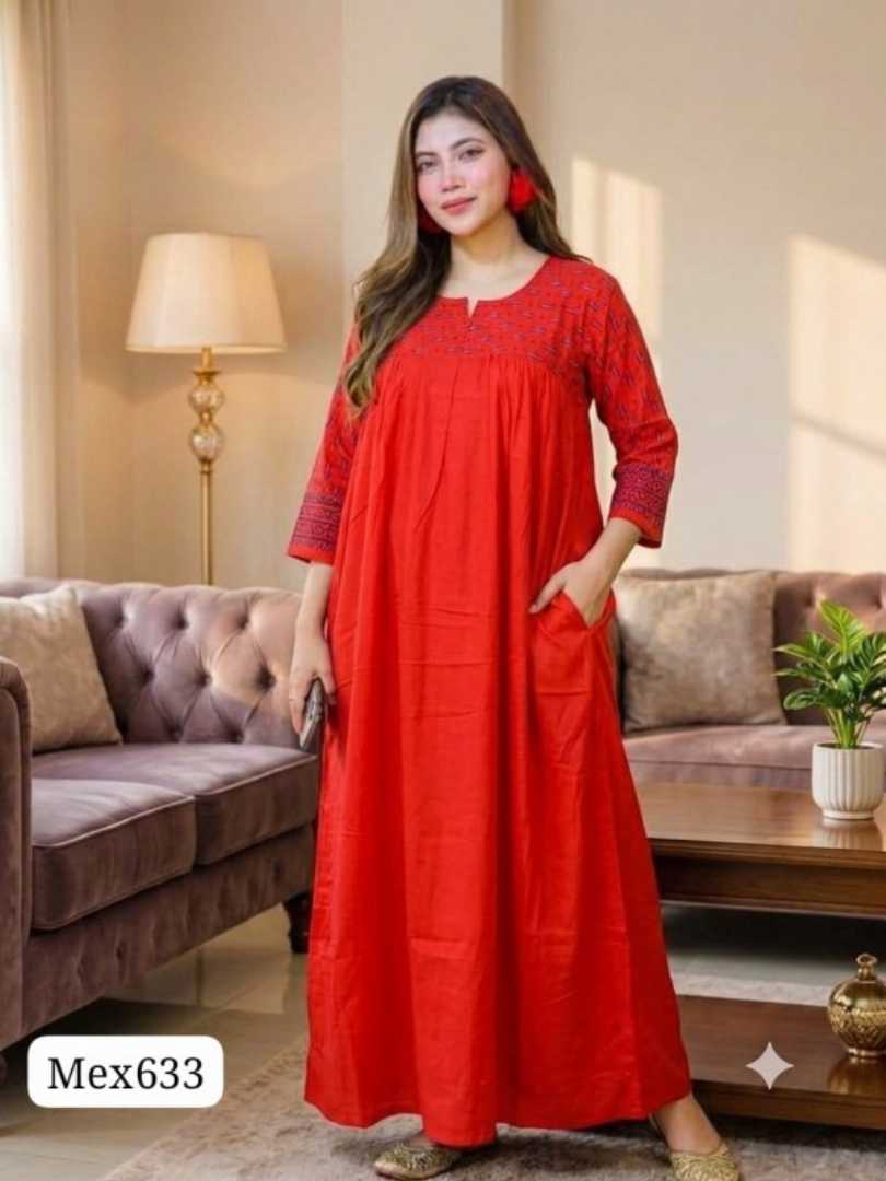 Red Cotton Gown Maxi MEX633, Red Maxi Price in BD, Quarter Sleeve Red Gown Maxi, Soft AC Cotton Maxi MEX633, লাল সুতি গাউন মেক্সি, ব্লক প্রিন্ট মেক্সি কালেকশন, Circle BD Red Maxi MEX633, Nursing Friendly Red Maxi