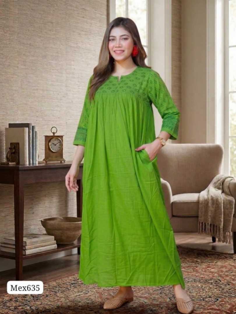 Green Cotton Gown Maxi MEX635, Green Maxi Price in BD, Quarter Sleeve Green Gown Maxi, Soft AC Cotton Maxi MEX635, সবুজ সুতি গাউন মেক্সি, ব্লক প্রিন্ট মেক্সি কালেকশন, Circle BD Green Maxi MEX635, Nursing Friendly Green Maxi