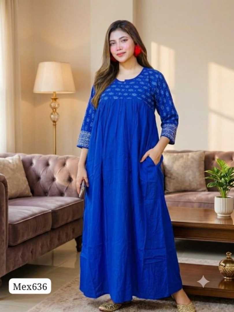 Blue Cotton Gown Maxi MEX636, Blue Maxi Price in BD, Quarter Sleeve Blue Gown Maxi, Soft AC Cotton Maxi MEX636, নীল সুতি গাউন মেক্সি, ব্লক প্রিন্ট মেক্সি কালেকশন, Circle BD Blue Maxi MEX636, Nursing Friendly Blue Maxi